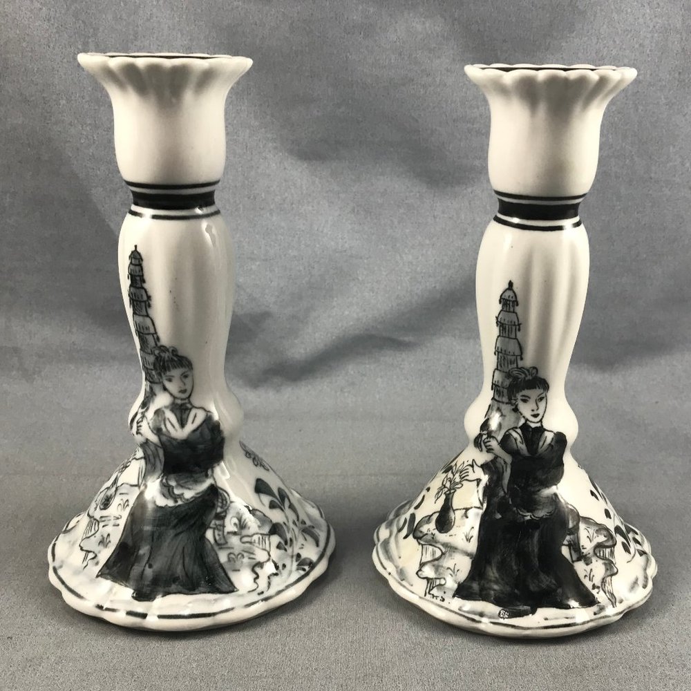 Oriental Ebony Ceramic Candle Holders Seymour Manning Set Berco Canada 1989